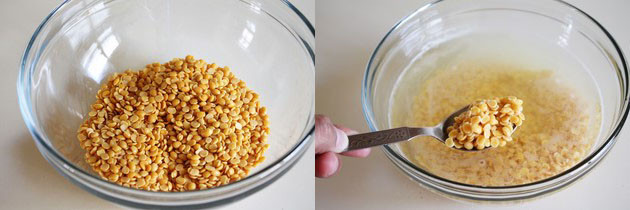 Collage of 2 images showing toor dal in a bowl and soaked dal.