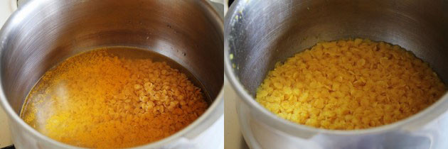 Collage of 2 images showing adding dal, water and turmeric in pressure cooker and cooked dal