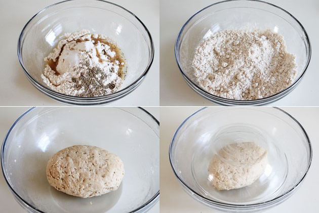 Collage of 4 images showing dough ingredients in a bowl, adding oil and kneading the dough.