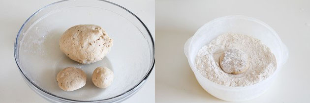 Collage of 2 images showing dividing into small balls and dusting with dry flour.