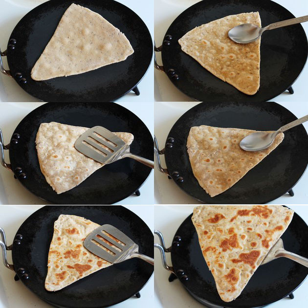 Collage of 6 images showing cooking paratha on tawa with oil and by pressing with spatula.