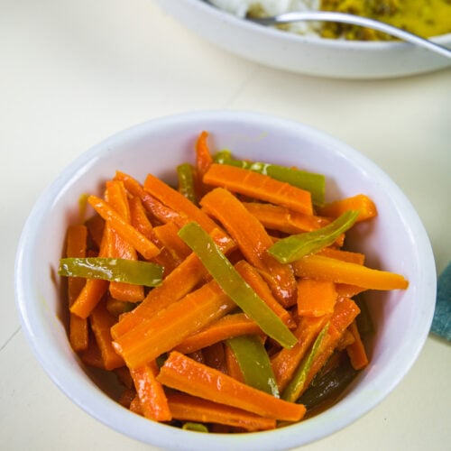 Carrot sambharo served in a bowl.