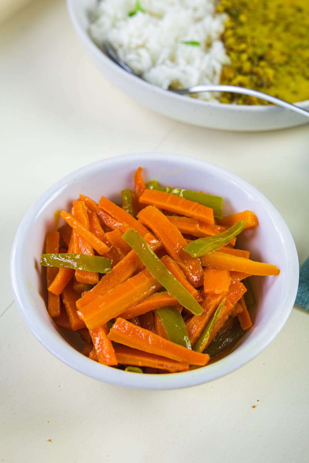 Carrot sambharo served in a bowl.