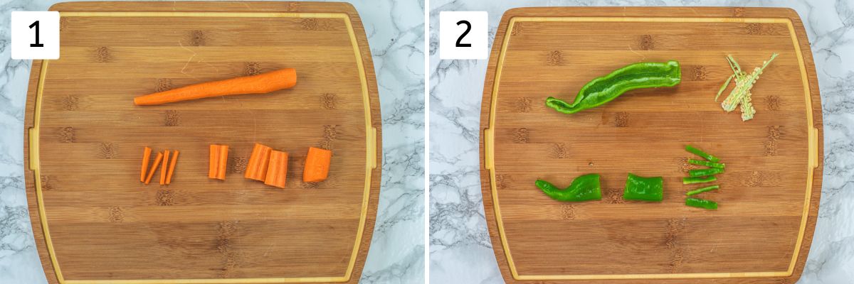 Collage of 2 images showing how to cut carrot and chili.