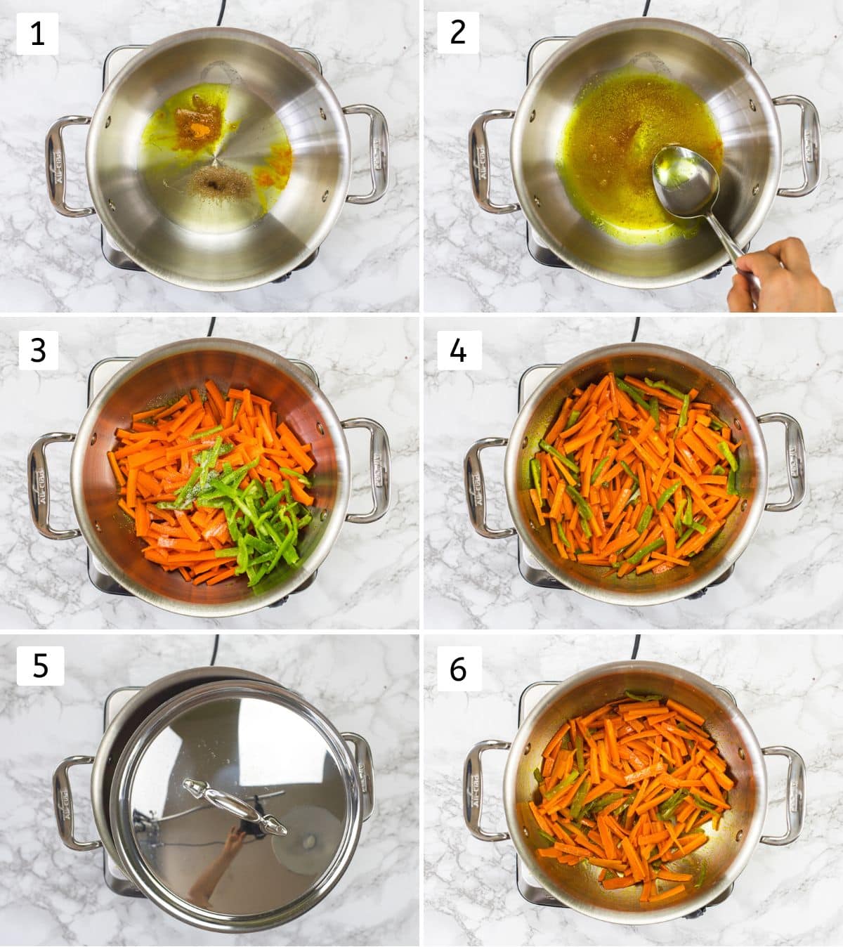 Collage of 6 steps showing making tempering, adding carrot and chili, cooking covered.