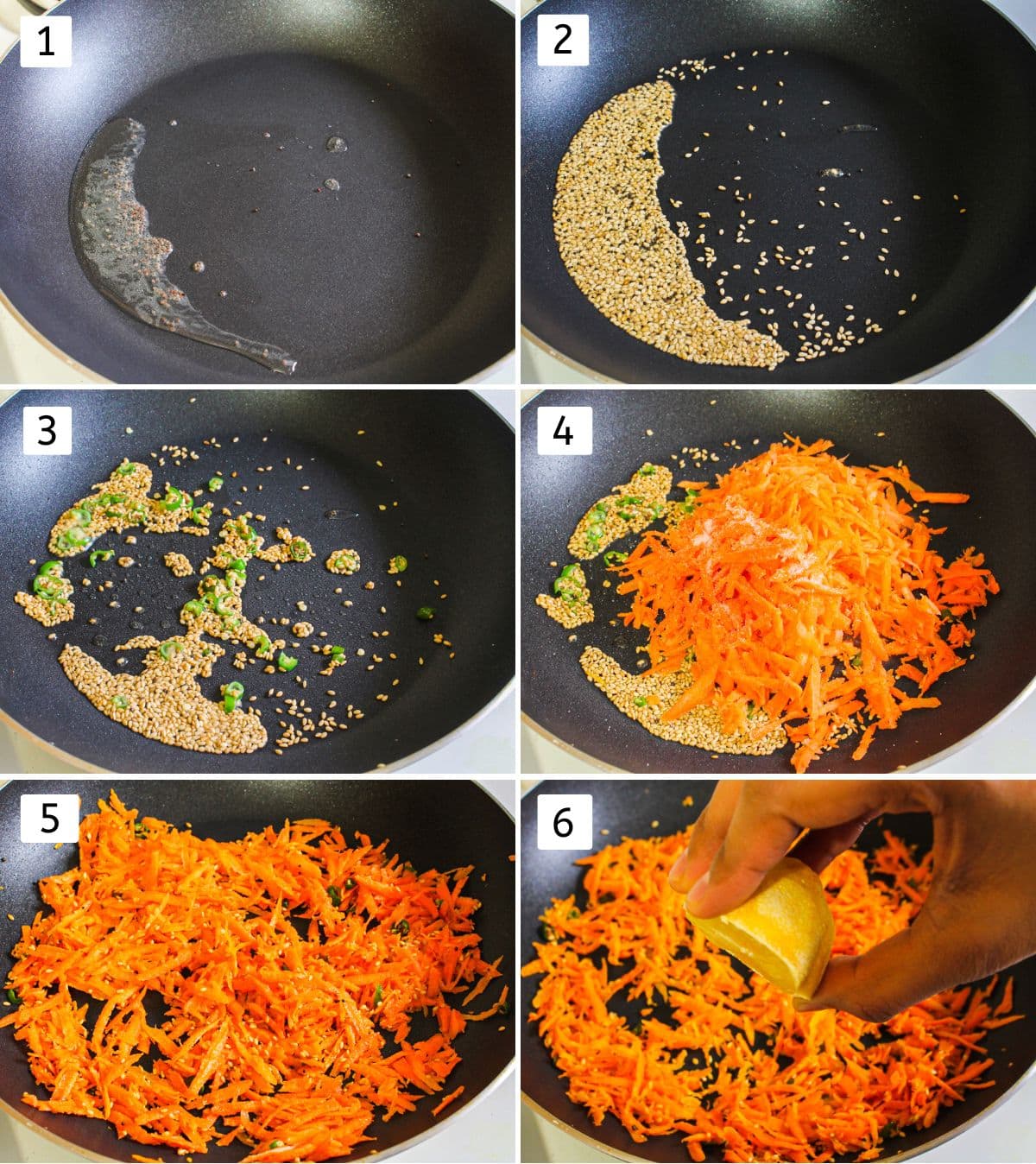 Collage of 6 steps showing making tempering, adding grated carrot, cooked and squeezing lemon juice.