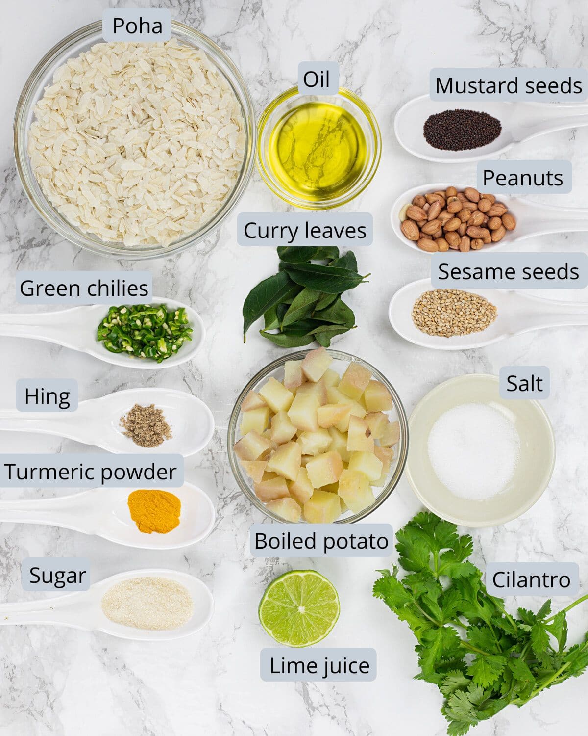Poha recipe ingredients in bowls and spoons with labels.