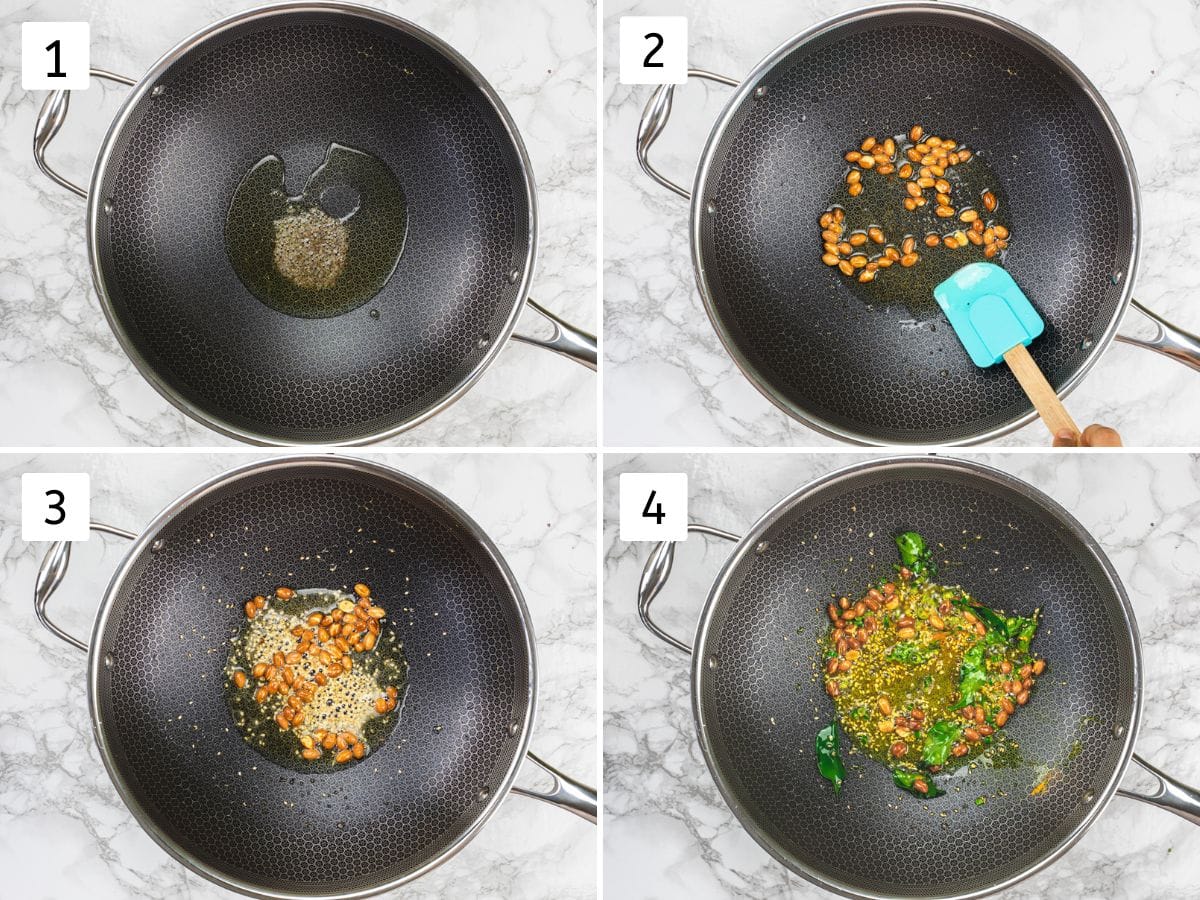 Collage of 4 images showing tempering is made and frying peanuts, sesame seeds.