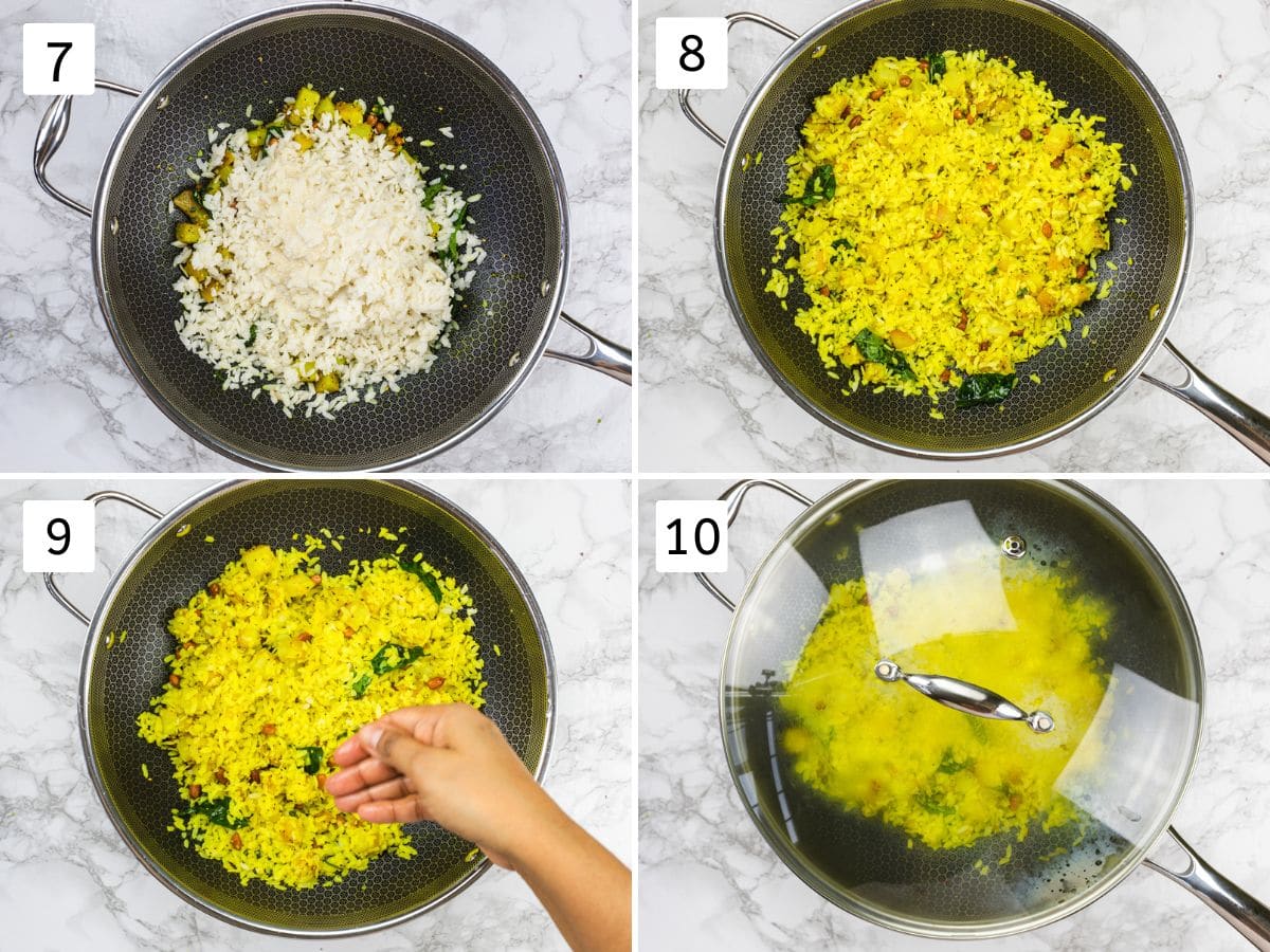 Collage of 4 images showing adding, mixing and cookinhg poha.