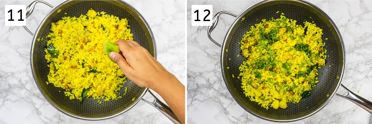 Collage of 2 images showing squeezing lime juice and garnishing with cilantro.