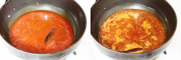 Collage of 2 images showing adding water and simmering.