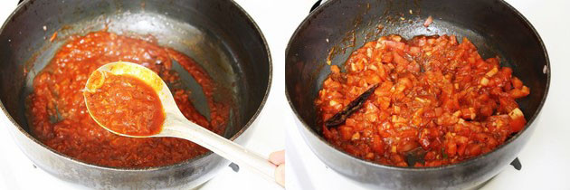 Collage of 2 images showing thick tomato sauce and adding tomatoes.