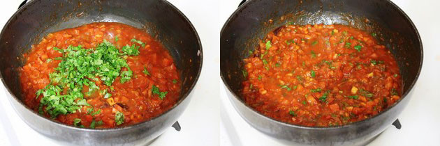 Collage of 2 images showing adding cilantro and mixed.