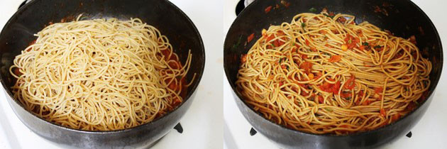 Collage of 2 images showing adding and mixing cooked spaghetti.