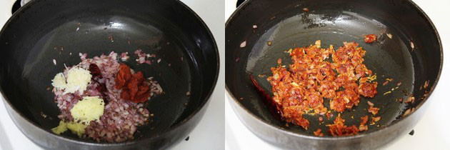 Collage of 2 images showing sauteing ginger garlic and adding tomato paste.
