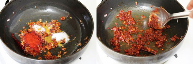 Collage of 2 images showing adding and mixing spices.