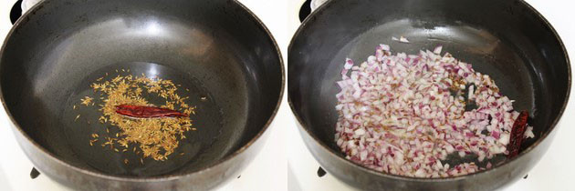 Collage of 2 images showing tempering cumin and dried chili and cooking onion.