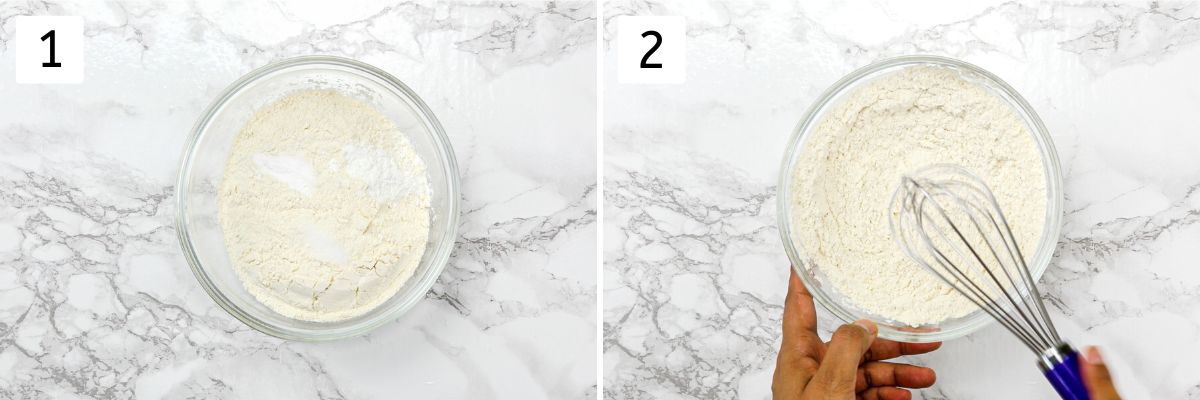 Collage of 2 images showing mixing dry ingredients in a bowl using a whisk.
