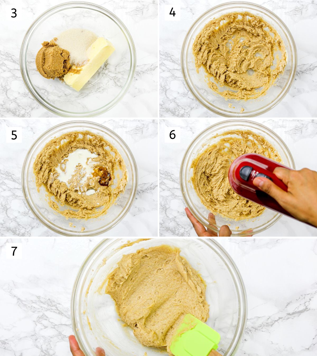 Collage of 5 images showing beating butter, sugar and rest wet ingredients.