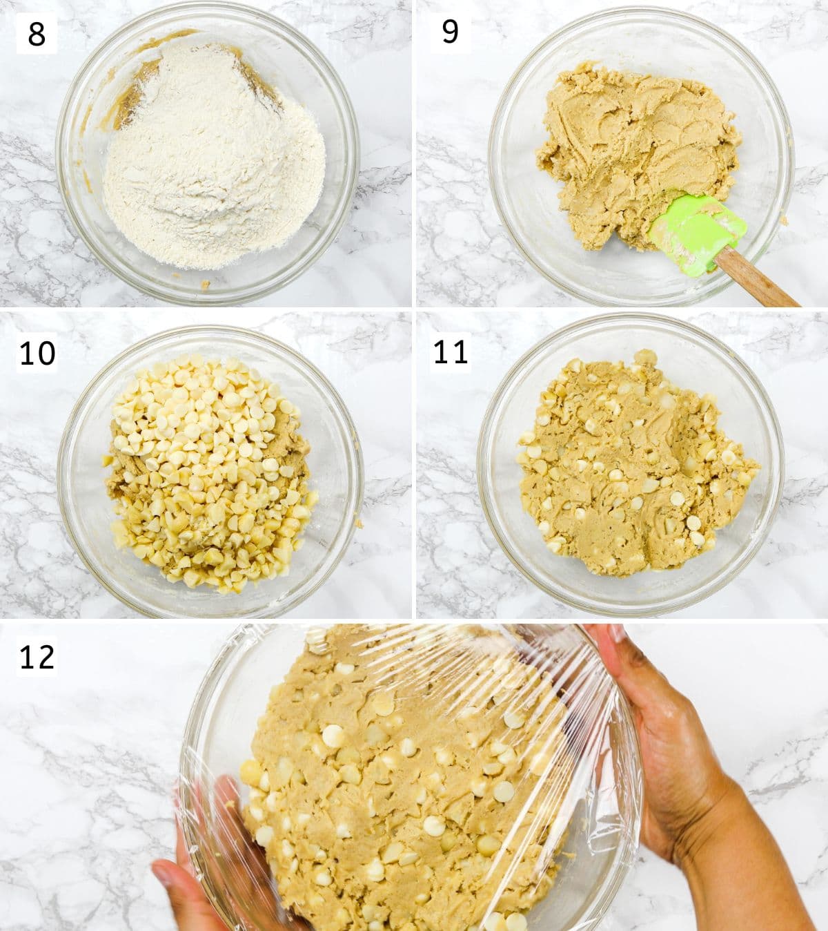 Collage of 5 images showing adding flour, nuts and chocolate chips and mixing.