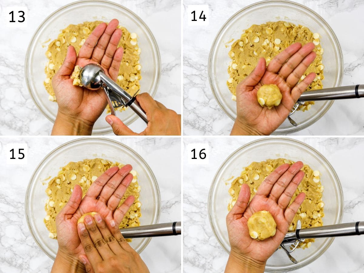 Collage of 4 images showing scooping and shaping a cookie dough ball.