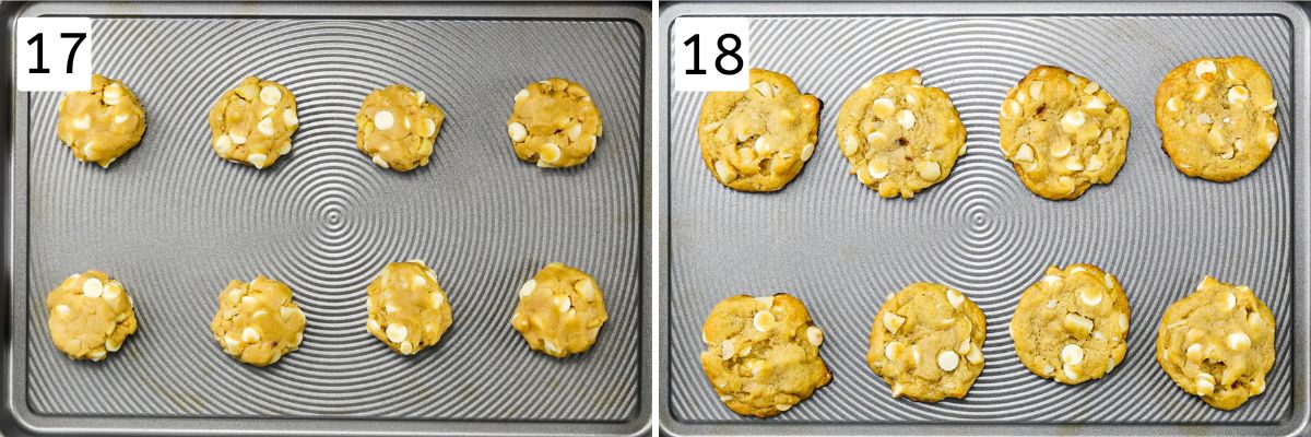 Collage of 2 images showing dough balls in a cookie tray and baked cookies.