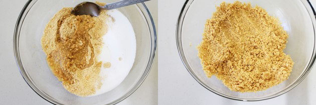 Collage of 2 images showing mixing graham cracker crumbs and sugar, butter.