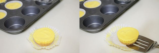 Collage of 2 images showing removing mini cheesecake once set.