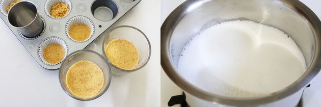 Collage of 2 images showing pressing base in cupcake liners and cups, boiling milk.