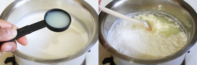 Collage of 2 images showing adding lemon juice to boiling milk and curdled milk.