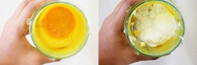 Collage of 2 images showing pureeing mango and adding rest ingredients.