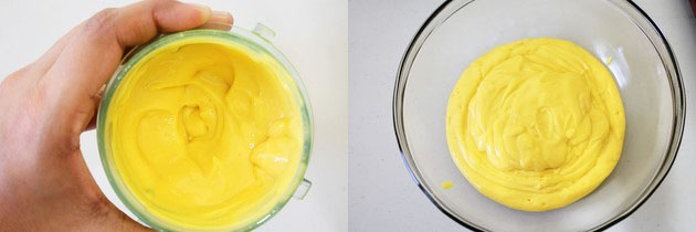 Collage of 2 images showing cheesecake mixture.