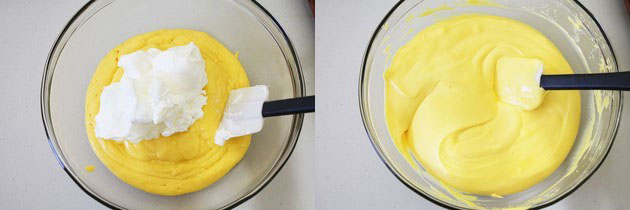 Collage of 2 images showing folding whipped cream in cheesecake mixture.