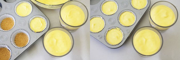 Collage of 2 images showing diving cheesecake mixture in cups.