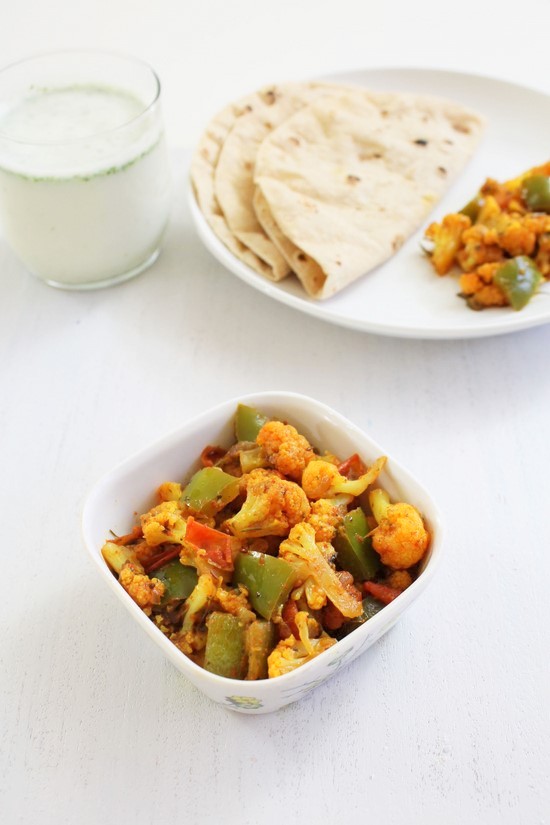 Gobi capsicum sabzi with roti and chaas.