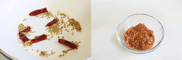 Collage of 2 images showing dry roasting spices and powder in a bowl.