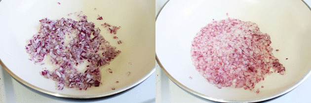 Collage of 2 images showing adding and cooking onion.