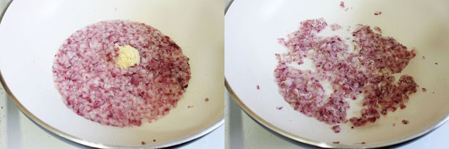 Collage of 2 images showing adding and sauteing ginger garlic.