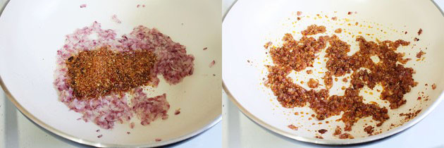 Collage of 2 images showing adding and mixing kadai masala.