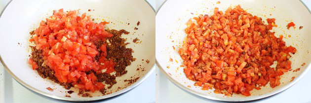 Collage of 2 images showing adding and mixing tomatoes.