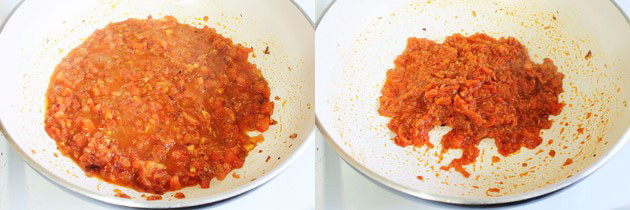 Collage of 2 images showing cooking tomatoes.