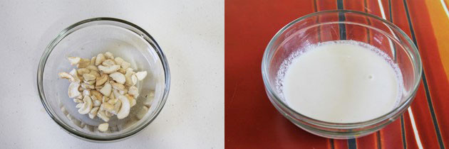 Collage of 2 images showing soaked cashew nuts and paste in a bowl.