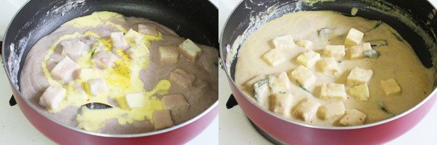 Collage of 2 images showing adding saffron cream mixture to mughlai paneer.