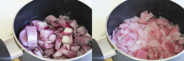Collage of 2 images showing boiling onions for white gravy paneer.