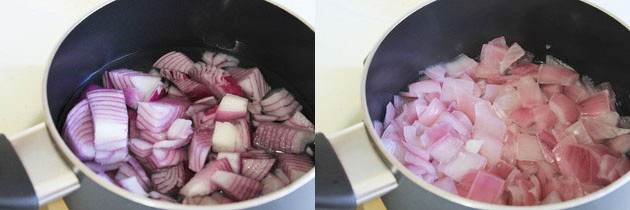 Collage of 2 images showing boiling onions for white gravy paneer.