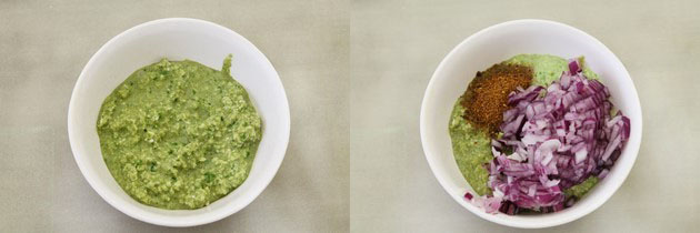 Collage of 2 images showing paste of cilantro, coconut and adding onion and goda masala.