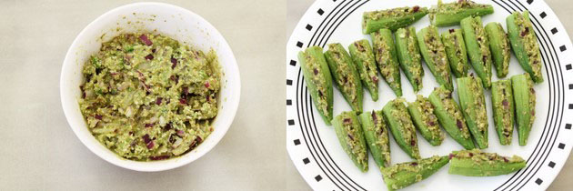 Collage of 2 images showing stuffing mixture and stuffing okra.