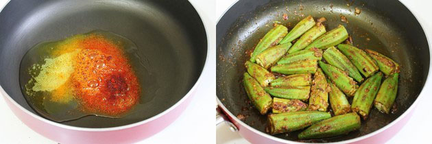 Collage of 2 images showing adding turmeric and chili powder in oil and adding stuffed okra.