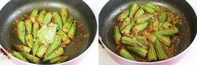 Collage of 2 images showing adding remaining paste and cooking.