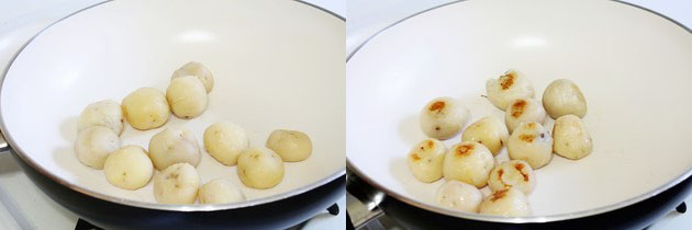 Shallow frying baby potatoes for dum aloo gravy